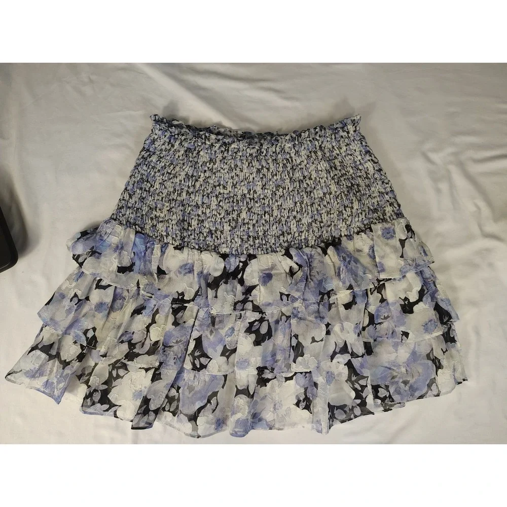 LoveShackFancy Blue Floral Smocked Ruffle Mini Skirt‎ XS New With Tags